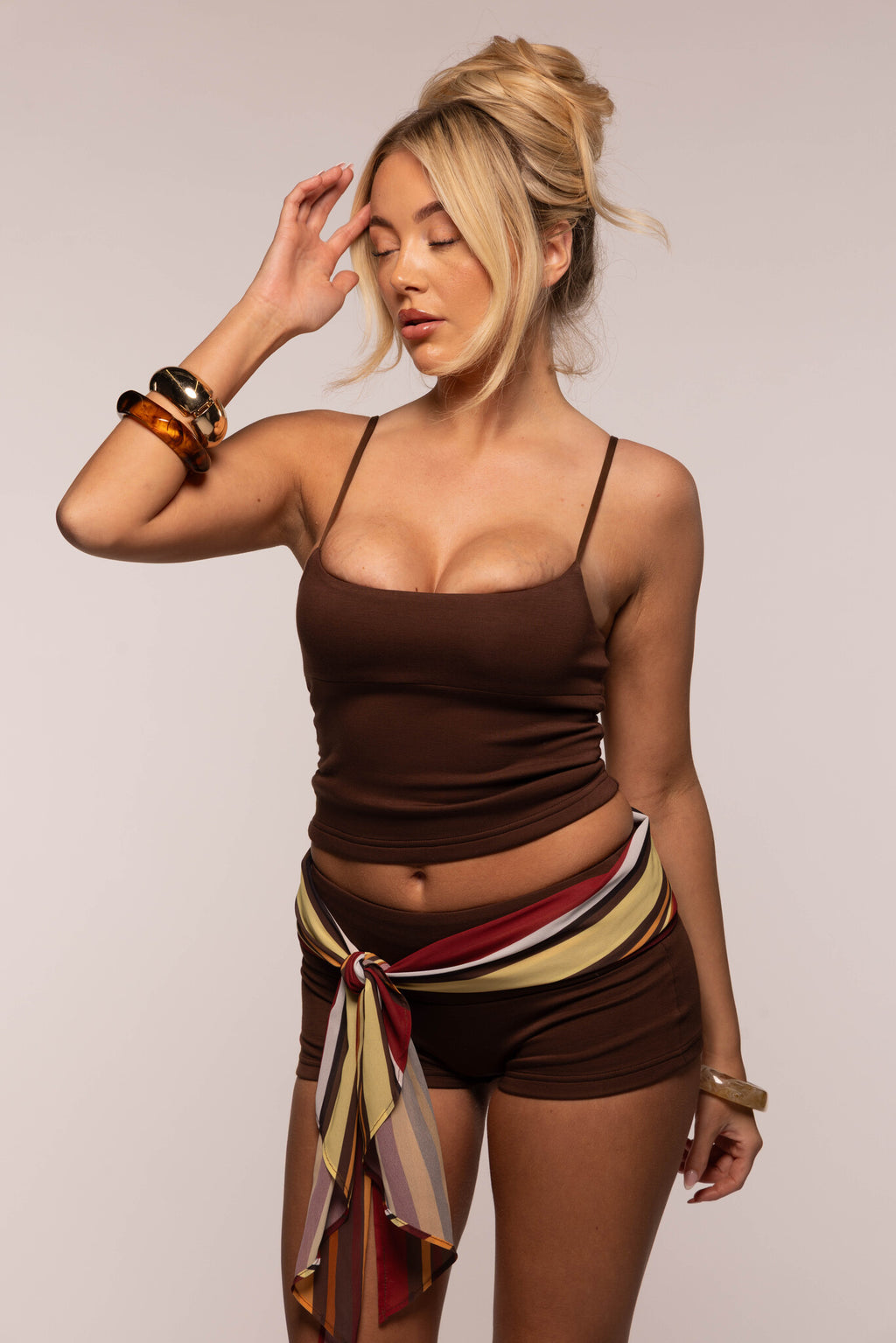 Cami Vest Micro Mini Short Set & Scarf | Brown/Vintage Stripe