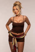 Cami Vest Micro Mini Short Set & Scarf | Brown/Vintage Stripe