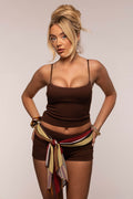 Retro Resort Shorts Set & Scarf | Brown/Vintage Stripe