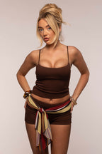Retro Resort Shorts Set & Scarf | Brown/Vintage Stripe