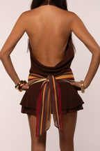 Halter Neck Mini Dress & Scarf | Brown/Vintage Stripe