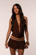 Halter Neck Mini Dress & Scarf | Brown/Vintage Stripe