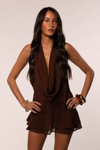 Halter Neck Mini Dress & Scarf | Brown/Vintage Stripe